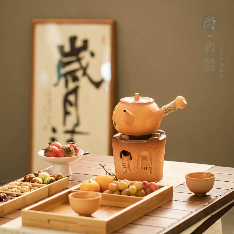 复古粗陶侧把煮茶壶碳炉套装酒精电陶炉加热煮茶器泡茶壶围炉煮茶