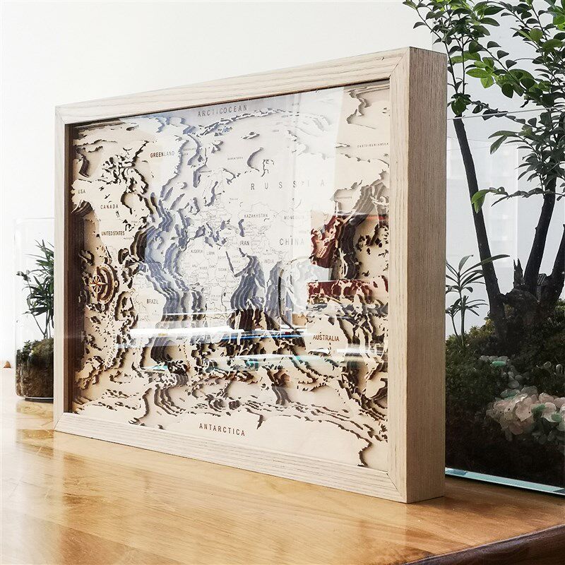 木质艺术地图3d立体海洋地形创貌简墙抽象地意摆台约挂装饰