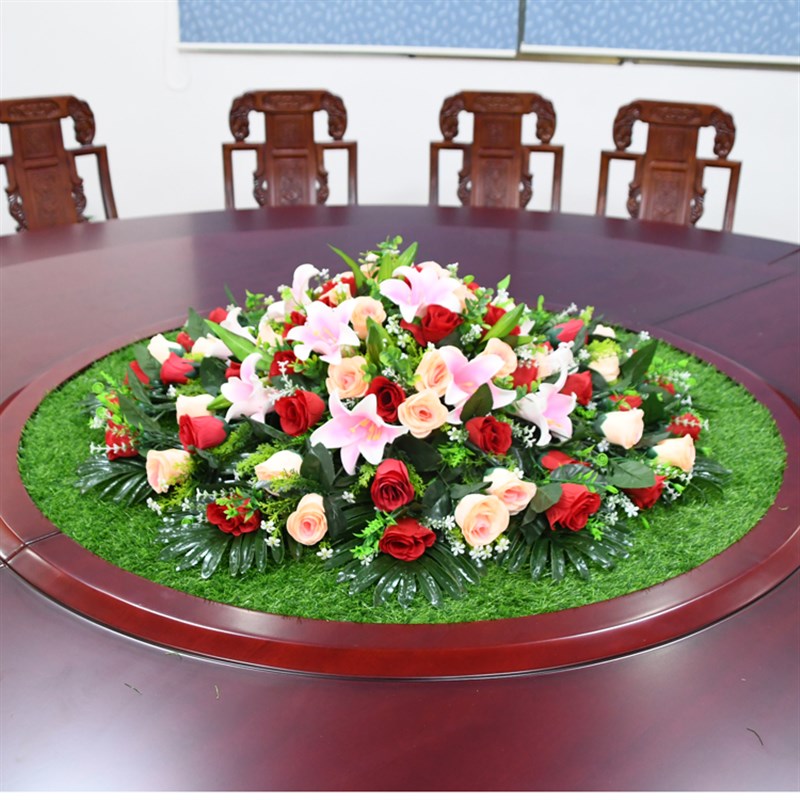 酒店圆形餐桌花大圆桌中花装仿花人造草坪转盘摆间绢花饰真花套装