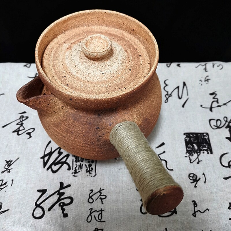 云南土陶煮茶罐子碳炉粗陶炕茶罐全手工柴烧带盖子侧把复古田园风