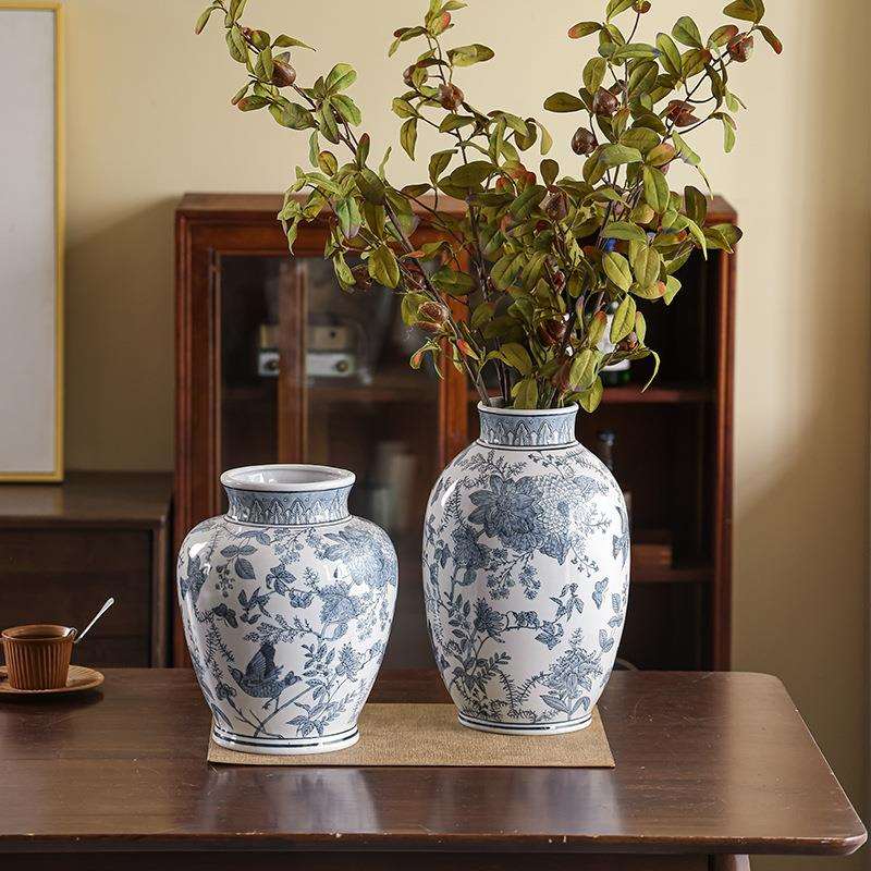 团花喜鹊鸟陶瓷花瓶中式复古陶瓷饰品摆件可水培陶瓷装饰花瓶高温