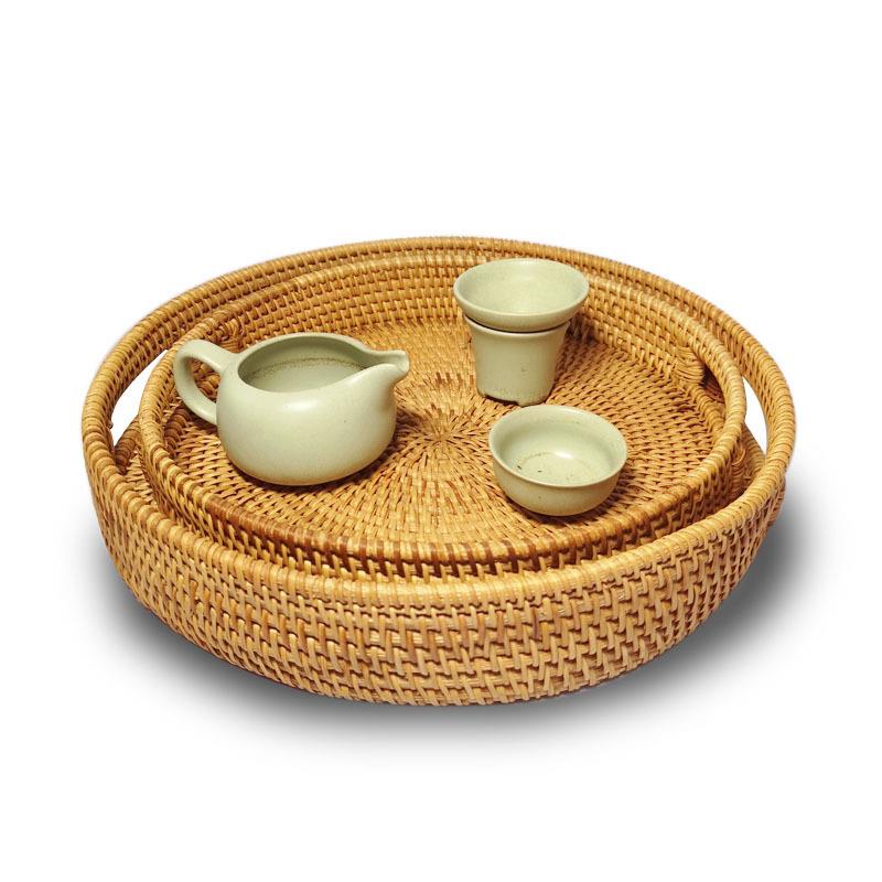 越南藤编酒店餐厅茶室圆托盘客厅水果盘果篮茶盘长方形藤编收纳筐