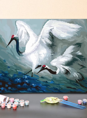 数字油画diy手工填充吉祥长寿白鹤涂色手绘填色客厅装饰油彩画画