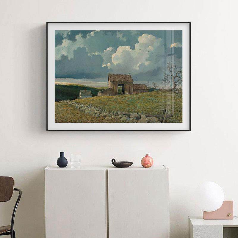 北欧创意手绘油画风景装饰画天空白云村庄山丘版画复古小众版画