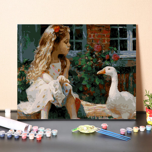 数字油画diy填充温馨女孩和鹅手工填色风景涂色丙烯装饰油彩画画