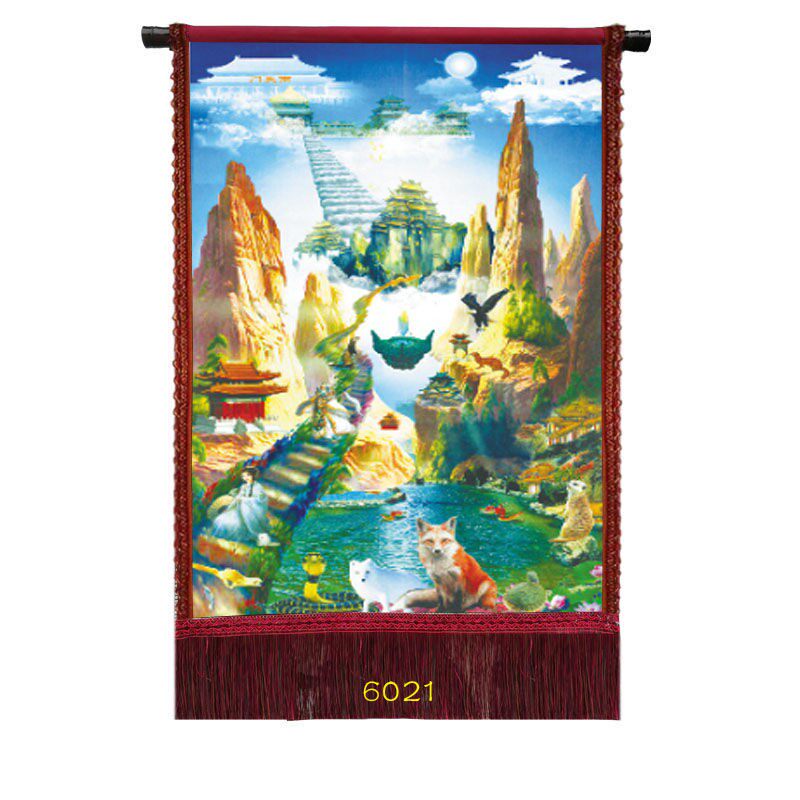 油画布带穗 平面单幅中式印刷 客厅 风景 装饰画 山水画