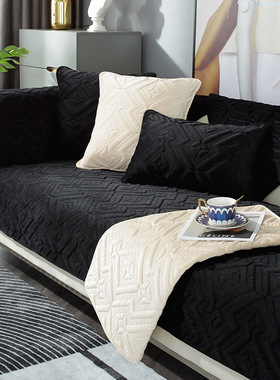 高档黑色沙发垫冬季毛绒加厚防滑简约现代沙发四季通用皮沙发罩套