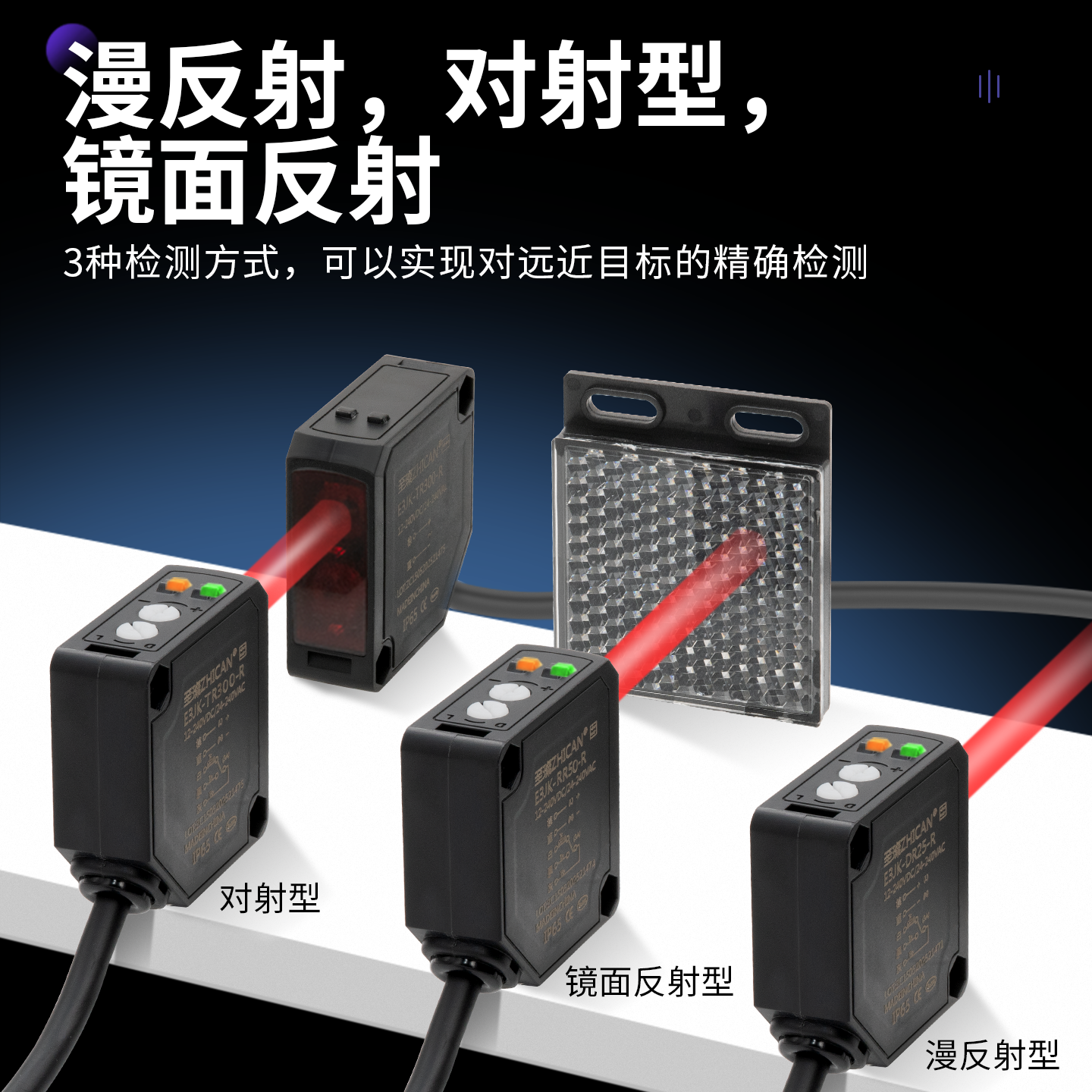至璨大方形光电开关E3JK检测0-30米对射镜面漫反射光电感应传感器