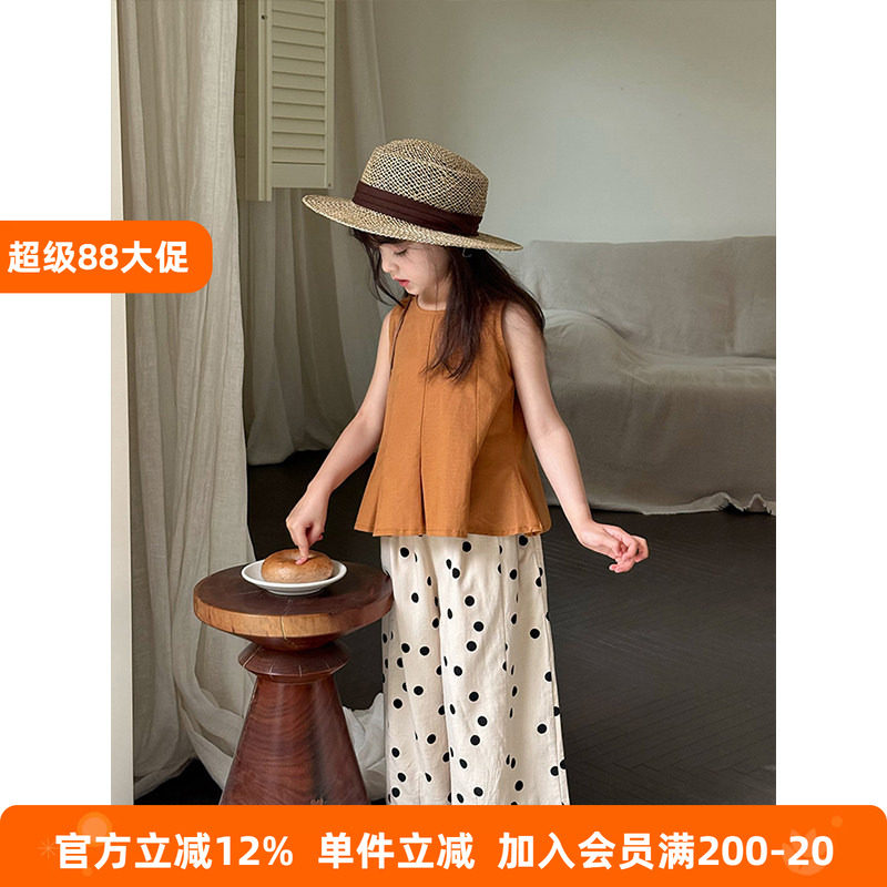 BEIFU贝芙 女童夏装洋气棉麻拼接无袖娃娃衫儿童韩版宽松百搭背心
