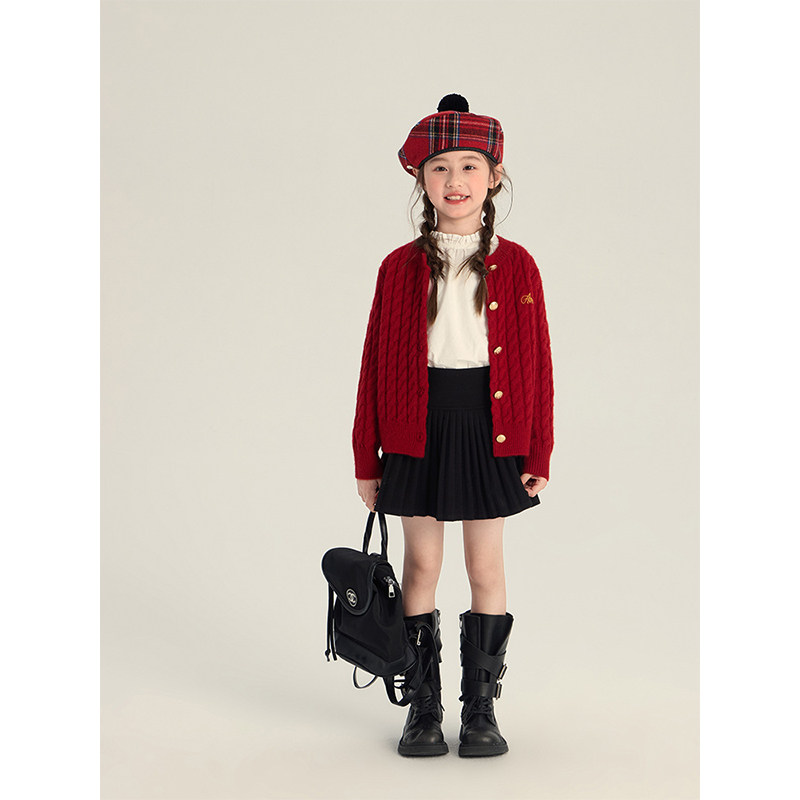 BEIFU贝芙 儿童冬季刺绣麻花针织开衫女童百搭软糯亲肤毛衣外套潮