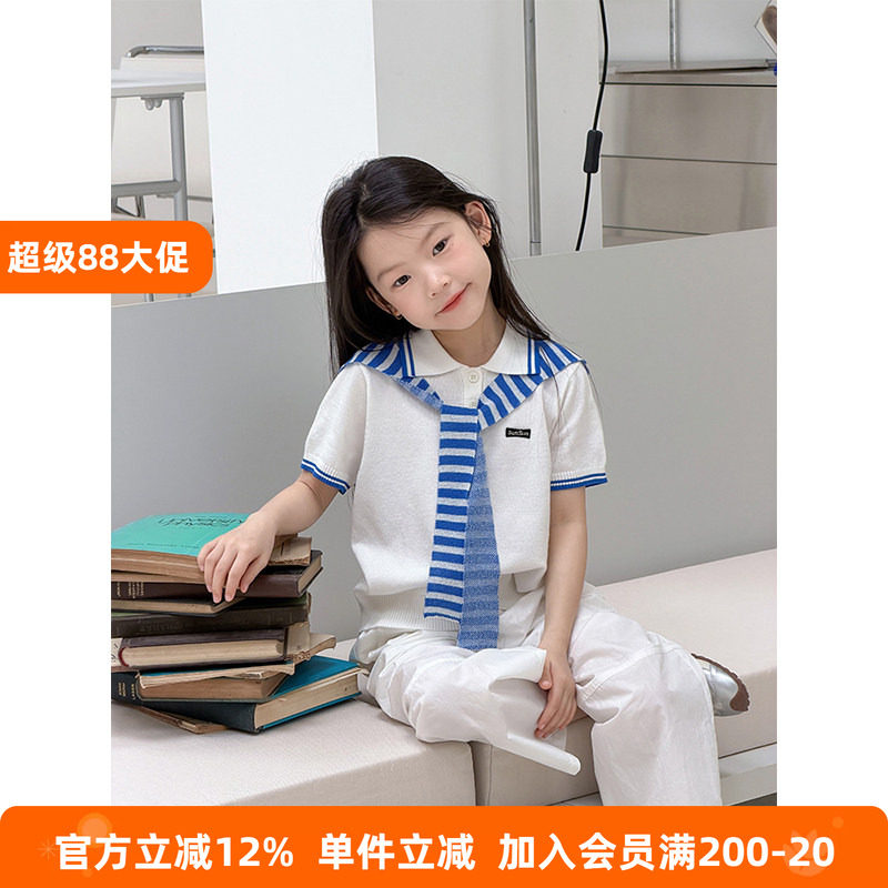 BEIFU贝芙 儿童春夏时髦翻领针织短袖T恤女童韩版条纹撞色Polo衫