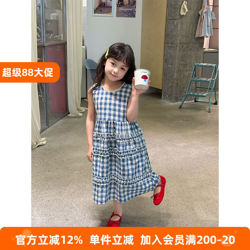 BEIFU贝芙 女童夏季洋气花边中长款格子背心裙儿童韩版无袖连衣裙