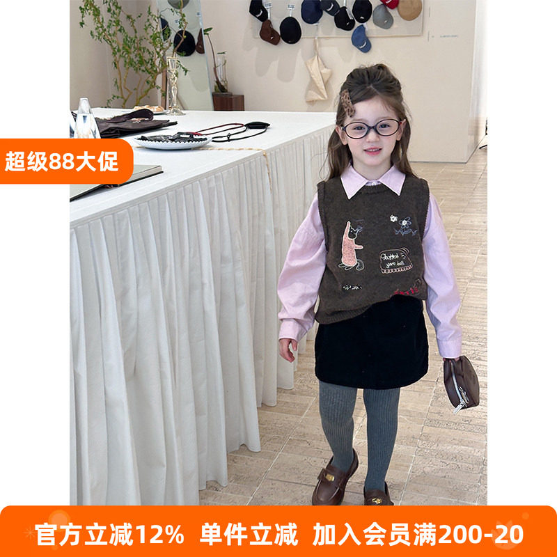 BEIFU贝芙 女童韩版含羊毛卡通刺绣针织马甲儿童春秋百搭毛衣背心