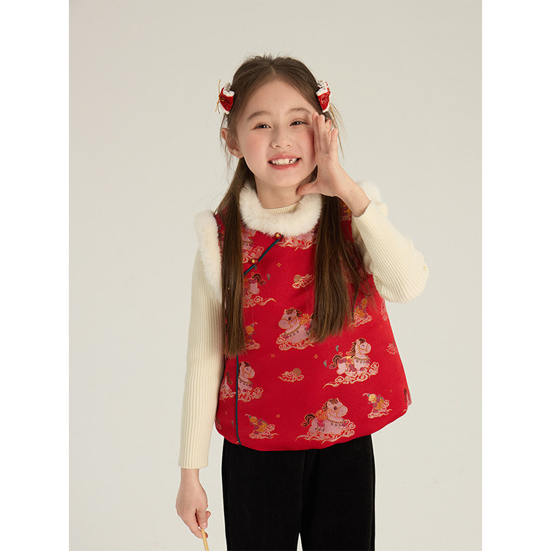 BEIFU贝芙 女童新中式新年小马盘扣马甲儿童冬季加绒背心拜年服潮