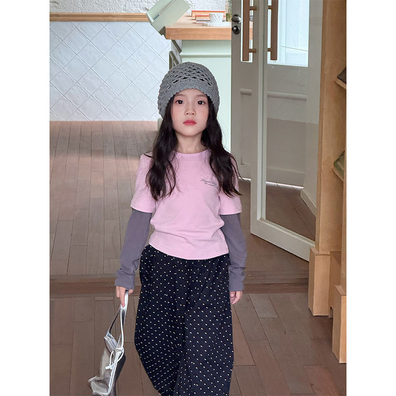 BEIFU贝芙女童春秋撞色拼接假两件长袖T恤儿童时髦卡通印花打底衫