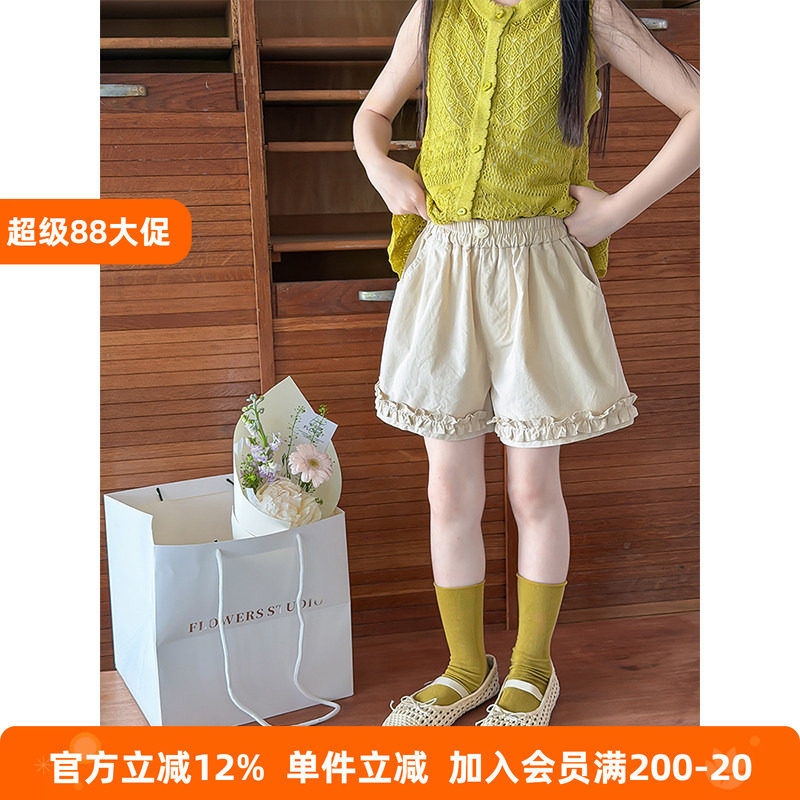 BEIFU贝芙 女童夏季森系花边纯棉短裤儿童薄款百搭休闲五分中裤