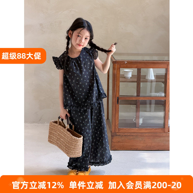 BEIFU贝芙 女童夏季纯棉碎花娃娃衫儿童花边背心上衣阔腿裤两件套