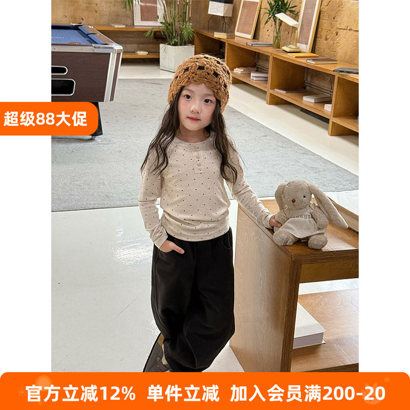 BEIFU贝芙 女童秋装羊绒棉坑条打底衫儿童小波点长袖T恤百搭上衣
