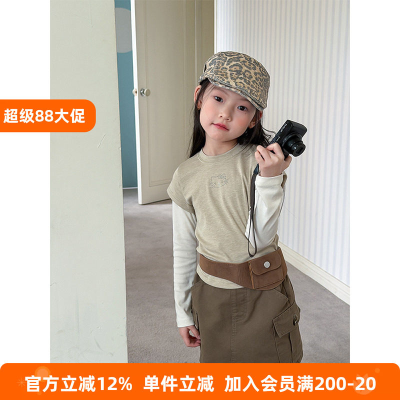 BEIFU贝芙 女童春秋装可爱猫咪假两件打底衫儿童韩版洋气辣妹T恤