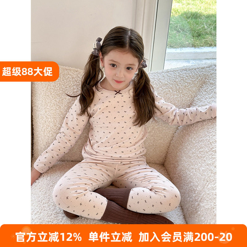 【10A抗菌儿童内衣】女孩粉色蝴蝶结家居服睡衣女童秋衣秋裤套装