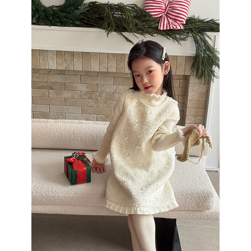 BEIFU贝芙 女童韩版花边亮片背心裙子儿童冬季加厚保暖洋气连衣裙