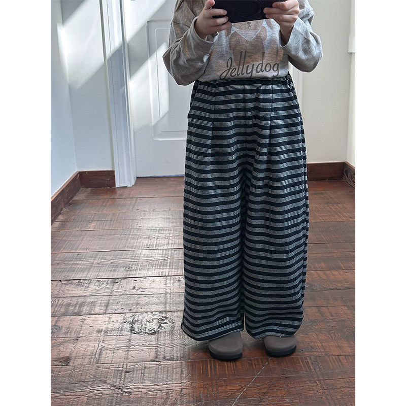 BEIFU贝芙 儿童春秋装贴标条纹直筒裤女童韩版百搭可束脚休闲裤子