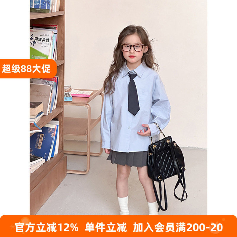 BEIFU贝芙 儿童学院风翻领纯棉衬衫女童秋装纯色舒适休闲百搭外套
