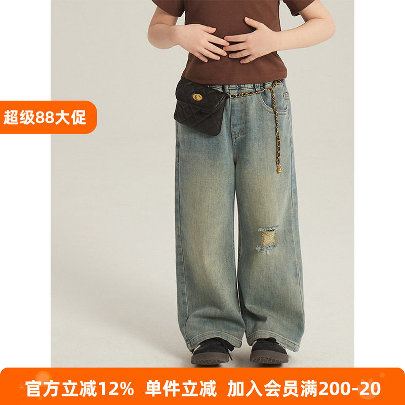 BEIFU贝芙 女童秋装破洞磨白牛仔裤儿童复古直筒裤百搭舒适长裤子