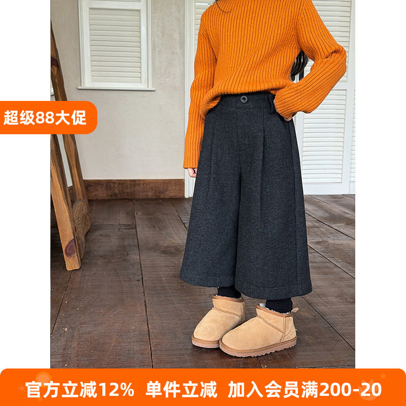 BEIFU贝芙 女童冬季含羊毛加厚加绒束脚裤儿童假两件毛呢裤八分裤