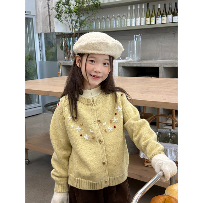 BEIFU贝芙 儿童手工花簇开衫外套女童秋冬氛围感复古小花针织毛衣