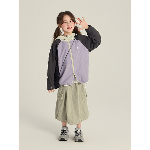 BEIFU贝芙 儿童春秋休闲宽松拼色连帽外套女童洋气百搭户外冲锋衣
