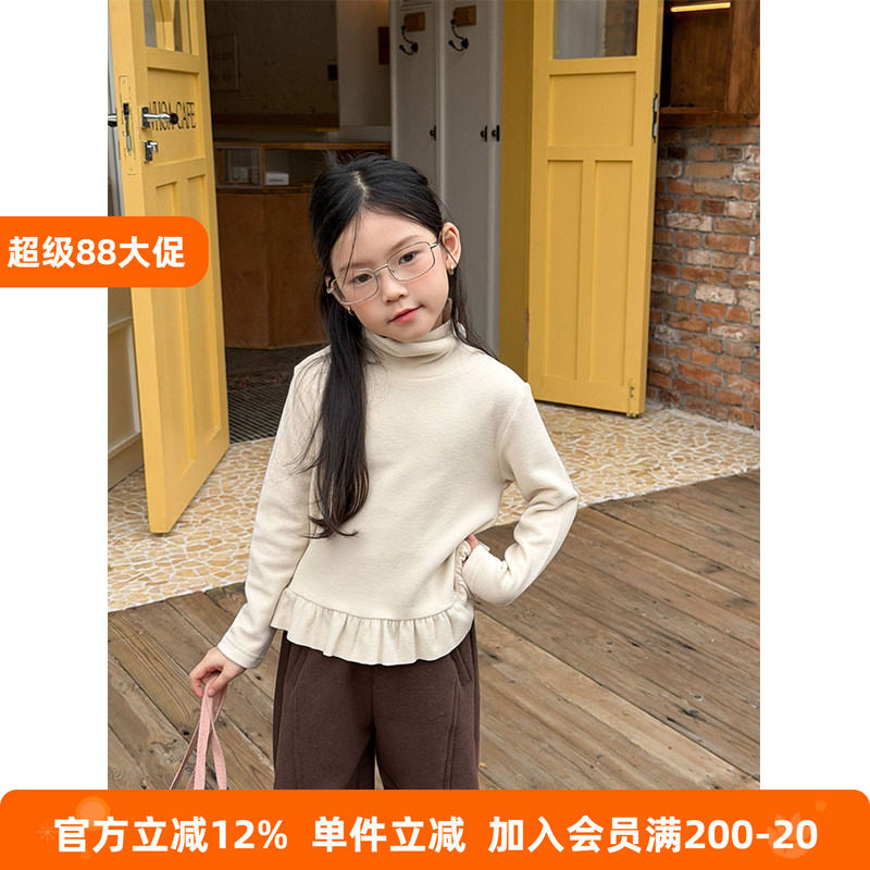 BEIFU贝芙 女童冬季加厚高领花边打底衫儿童韩版堆堆领打底T恤潮