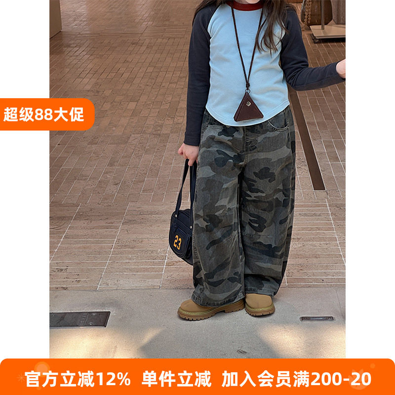 BEIFU贝芙 女孩秋装迷彩工装裤儿童休闲阔腿裤宽松韩版时髦直筒裤