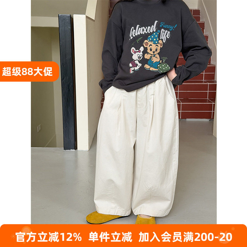 BEIFU贝芙 儿童春秋纯棉斜纹拼接休闲裤女童百搭宽松直筒阔腿裤子