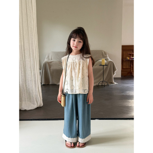 BEIFU贝芙 女童夏装度假风镂空背心儿童韩版全棉百搭蕾丝无袖上衣