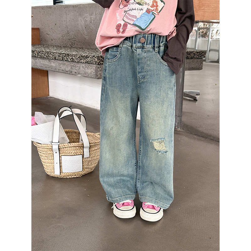BEIFU贝芙 儿童春秋个性百搭破洞牛仔裤女童复古时髦休闲直筒裤子