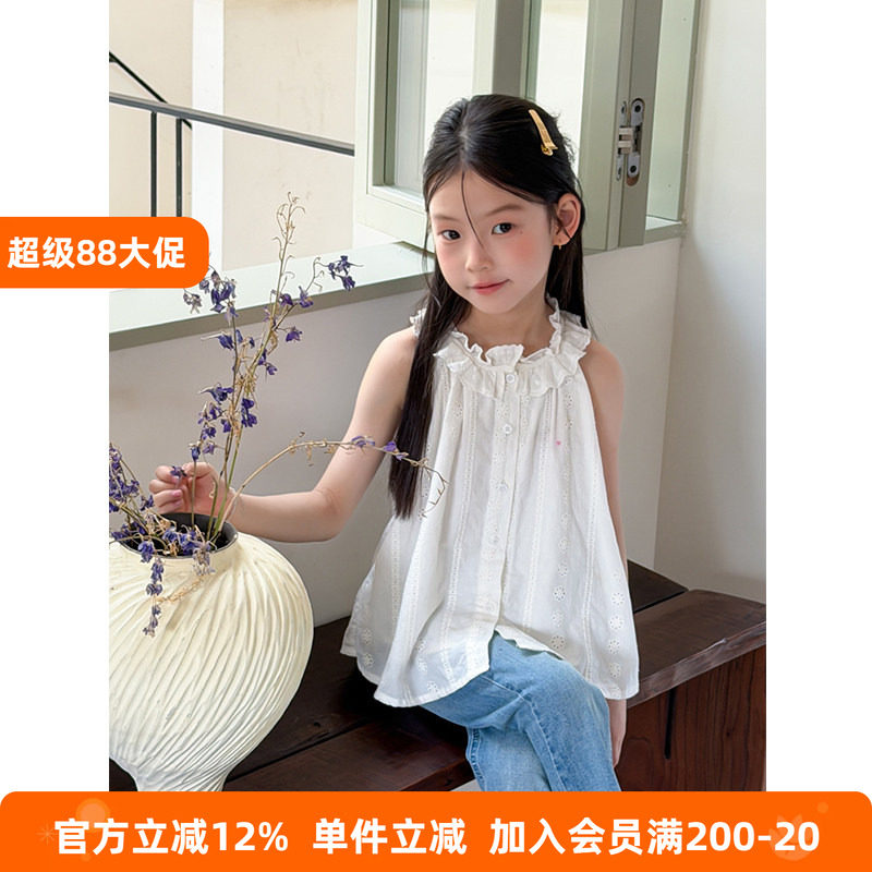 BEIFU贝芙 女童夏季甜美提花纯棉娃娃衫儿童拼接花边无袖背心上衣
