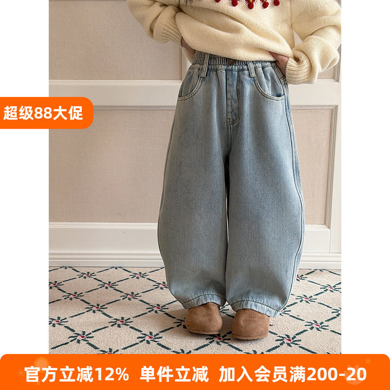 BEIFU贝芙 儿童冬季奥粒绒阔腿弯刀牛仔裤女童加厚加绒休闲长裤潮