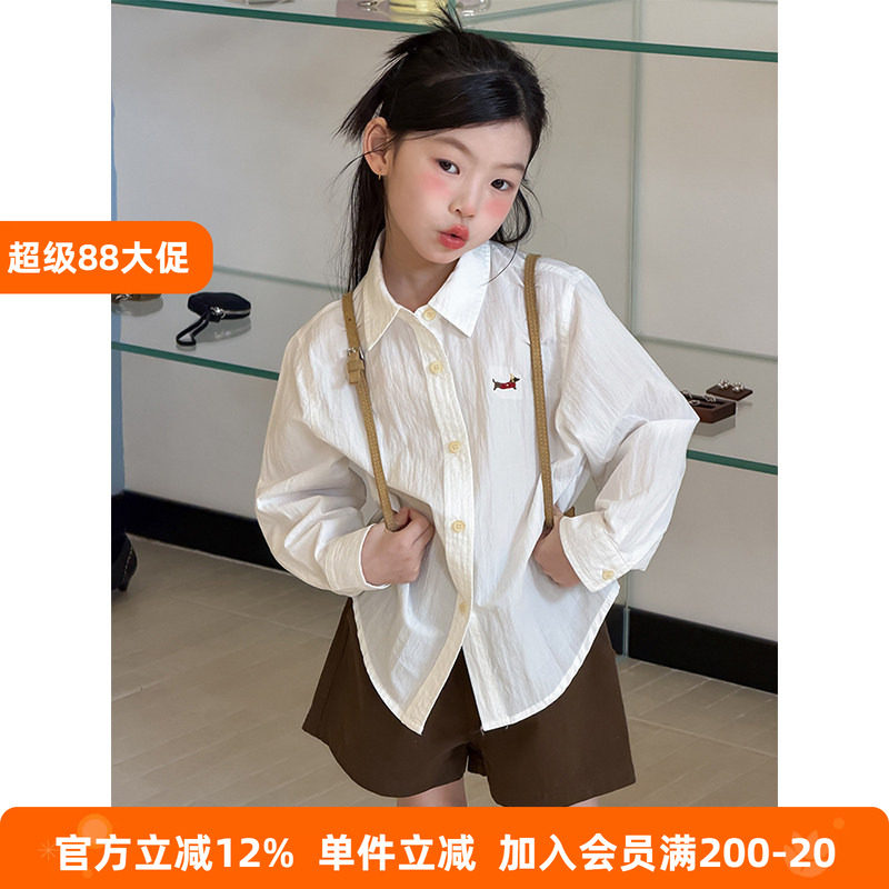 BEIFU贝芙 儿童春秋装纯棉小狗刺绣翻领衬衫女童百搭宽松衬衣外套