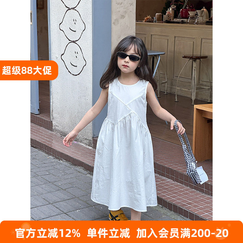 BEIFU贝芙 女童夏季气质文艺拼接无袖连衣裙儿童韩版中长款背心裙
