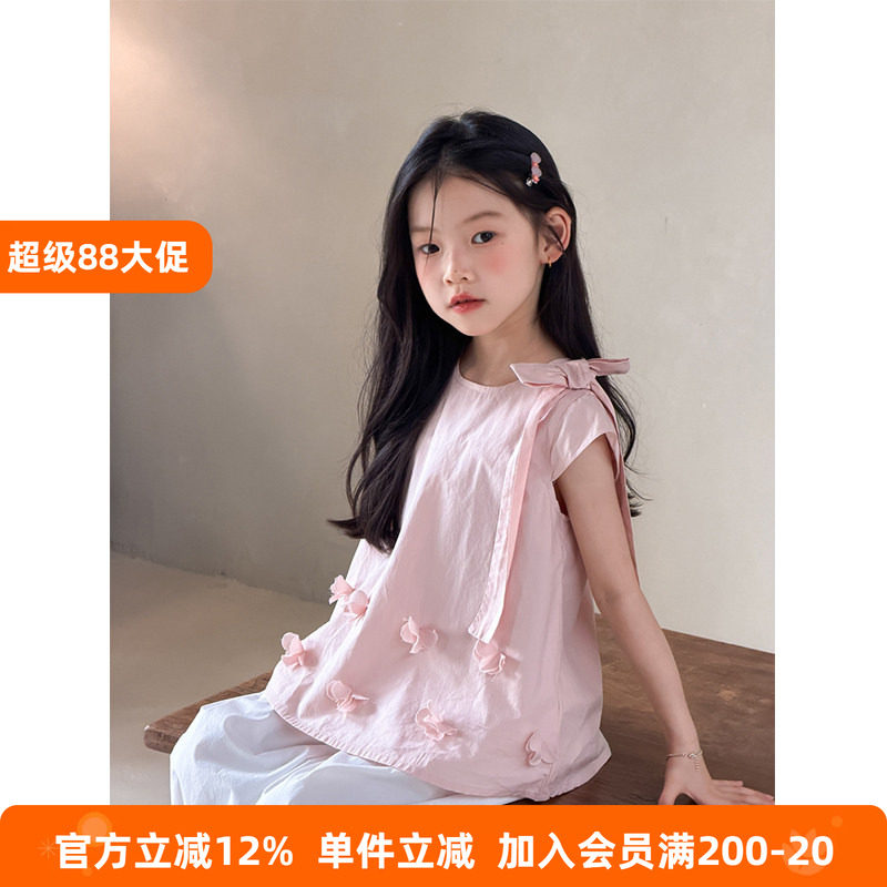 BEIFU贝芙 女童甜美纯棉无袖背心儿童蝴蝶结系带立体花朵娃娃衫夏