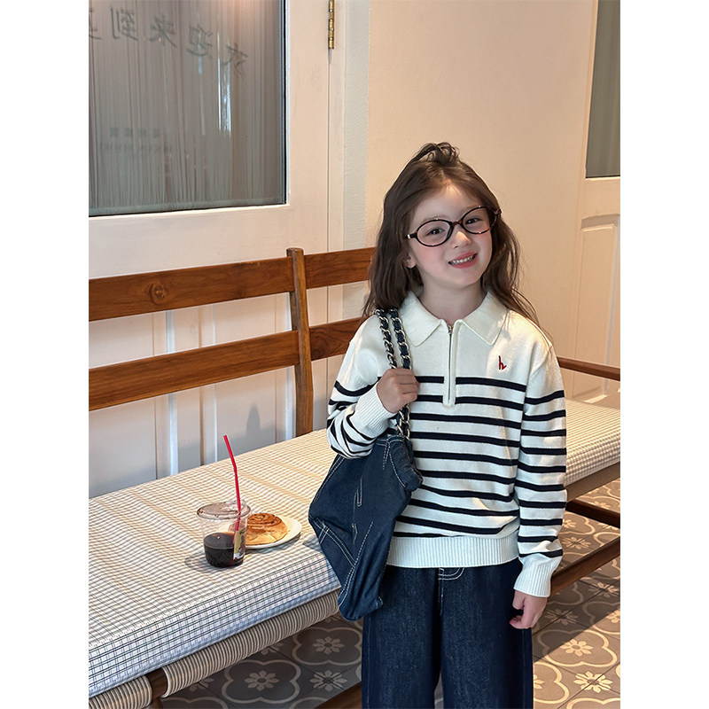 BEIFU贝芙 女童春秋休闲撞色条纹毛衣儿童韩版百搭翻领拉链针织衫