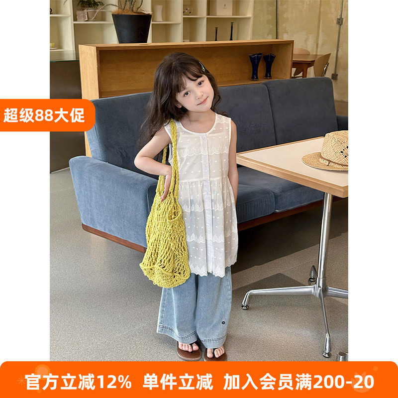 BEIFU贝芙 女童高品质纯棉蕾丝花边背心裙儿童夏装无袖罩衫连衣裙
