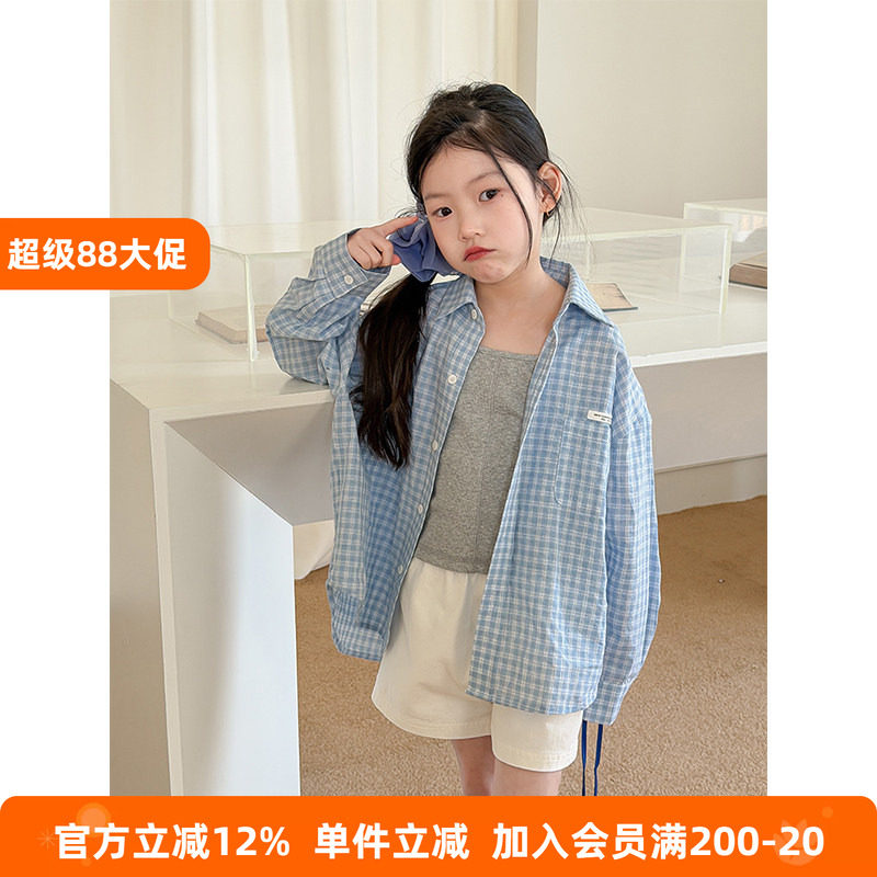 BEIFU贝芙 儿童春夏纯棉休闲格子衬衫女童韩版洋气宽松防晒衣外套