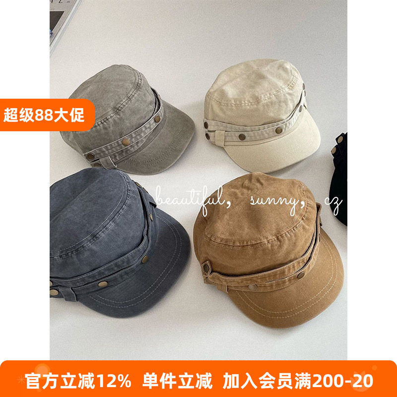 BEIFU贝芙 女童铆钉水洗帆布贝雷帽儿童时髦复古平顶骑士工装帽子