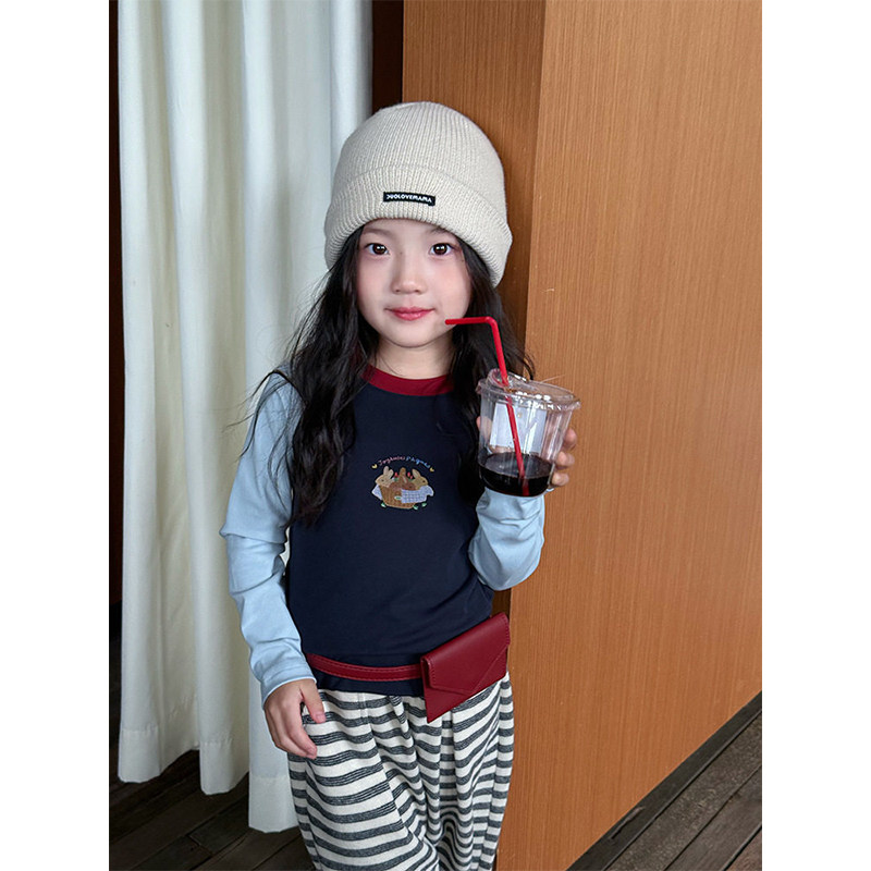 BEIFU贝芙 女童春秋高弹卡通长袖辣妹T恤儿童百搭修身撞色打底衫