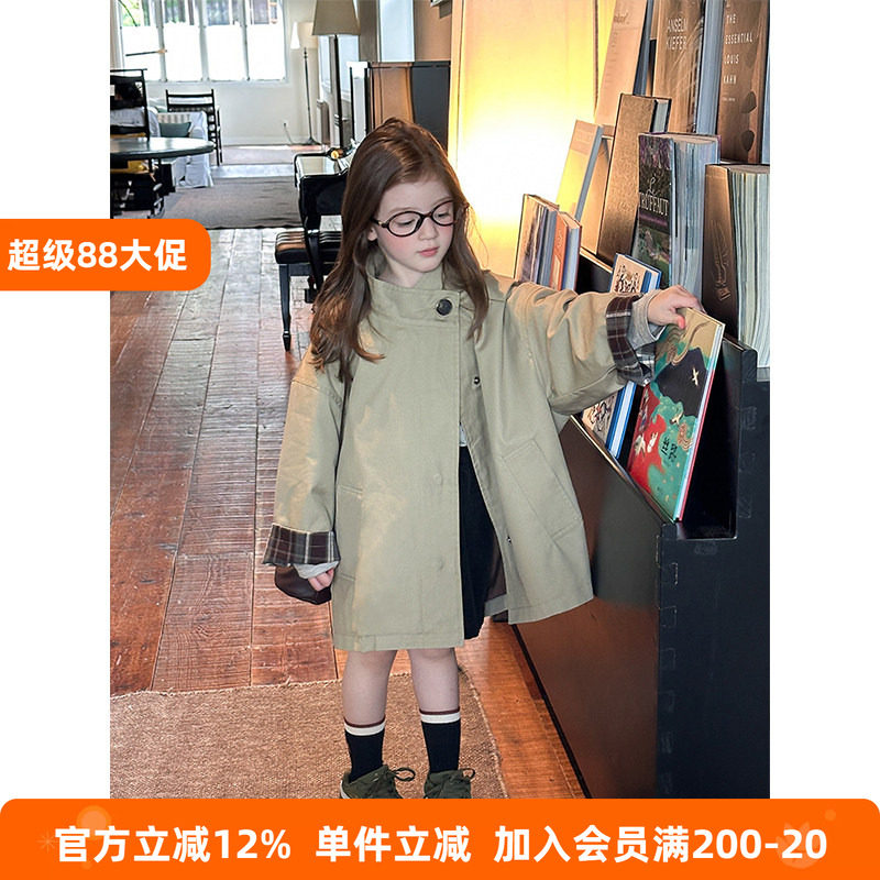 BEIFU贝芙 女童春秋装竹节棉撞色立领外套儿童韩版时髦中长款风衣