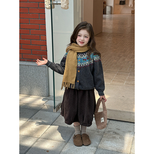 BEIFU贝芙 女童春秋装复古浪漫费尔岛毛衣儿童氛围感针织开衫外套