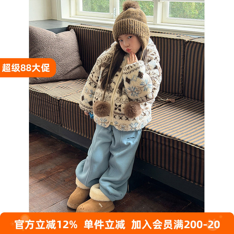 BEIFU贝芙 女童冬季浪漫费尔岛提花加厚保暖棉服儿童夹棉连帽外套