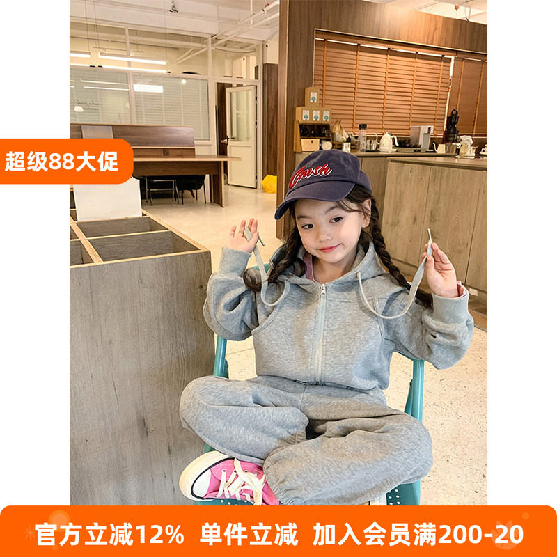BEIFU贝芙 儿童春秋休闲连帽卫衣卫裤套装女童韩版宽松运动服外套
